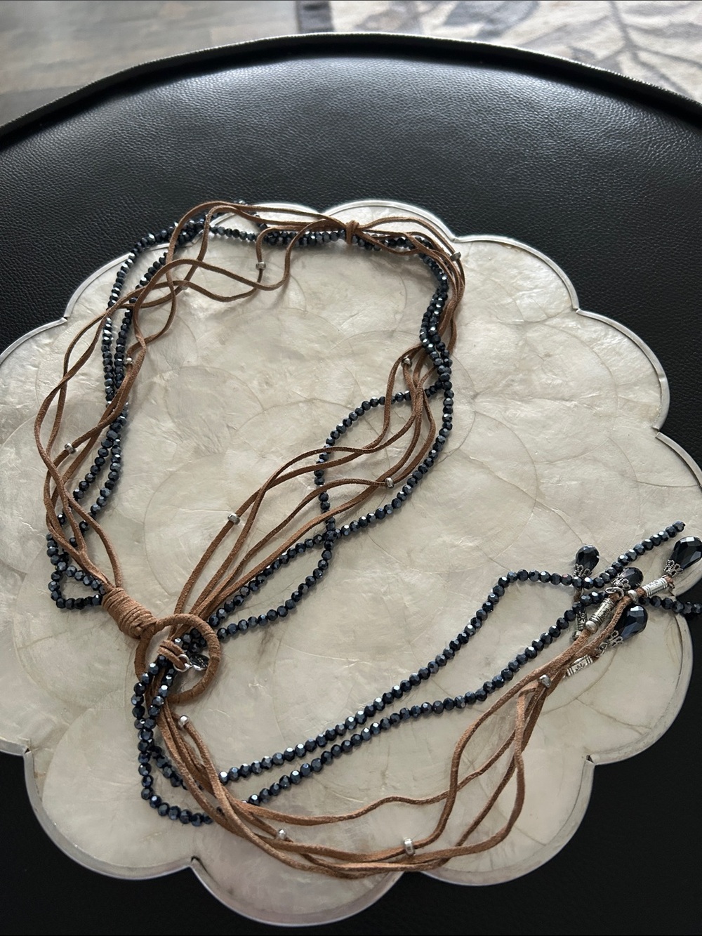 Chico's Brown Suede Multi-Strand Necklace with Navy Crystal Beads